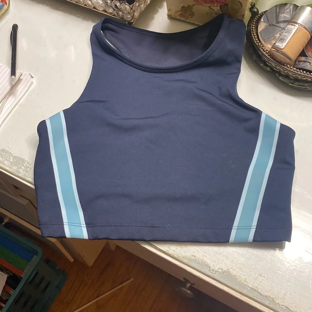 Joy Lab Navy Blue Racer Stripe Full Coverage Back Cut Out Sports Bra - Picture 2 of 4